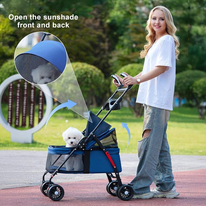 Складаний візок для собак з 4 колесами та дихаючою сіткою - Легкий транспортний візок для маленьких собак та котів до 10 кг, з регульованим сонцезахистом, тримачем для напоїв та страхувальним ременем (Блакитний)