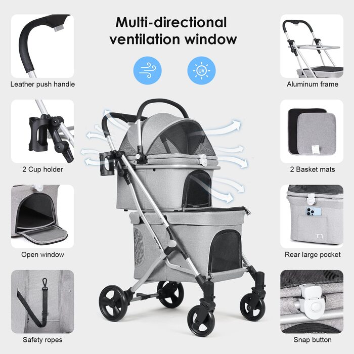 Beberoad Розкладний візок для собак та котів, 2 яруси, чорний/сірий