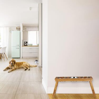 Стійка для мисок Relaxdays для середніх собак, регульована по висоті, складна, з 3 мисками, для води та корму, натуральний бамбук та нержавіюча сталь, 31x70x23 см