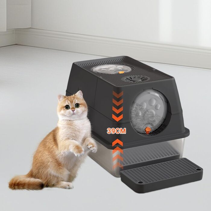 Hapihom туалет для котів із нержавіючої сталі з кришкою 60×40×39 см, закритий металевий лоток XXL з піщаним фільтром, совком, високими знімними бортами, легке очищення, чорний