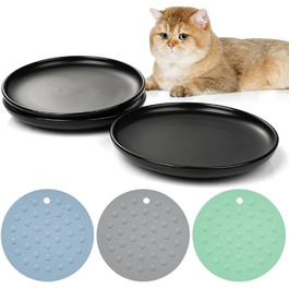 Керамічні годівниці для котів, 3 шт. з антиковзними килимками, широкі та плоскі миски для котів та кошенят, білий (чорний)