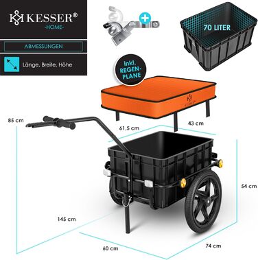 Причіп для велосипеда KESSER® з об'ємом 70 літрів, вантажний, для транспортування вантажів, сумісний з колесами 26-28 дюймів (Оранжевий)