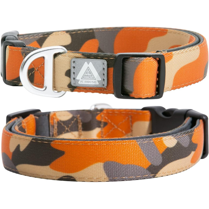 Нашийник для собак JC HOUSE, обгорнутий м'якою підкладкою, регульований нашийник для великих собак з логотипом 3M, що відбиває світло, камуфляжний оранжевий, M (розмір шиї 36-51 см), камуфляжний оранжевий
