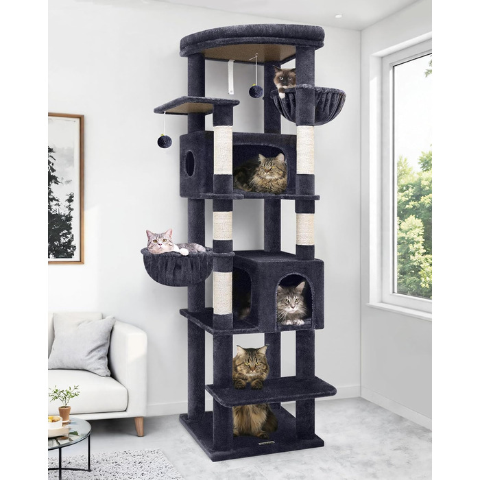 Драбина для котів Globlazer XXL, 188 см, з будиночком, платформами та кошиками. Стабільна, не перекидається, для великих котів. Темно-сірий (S74)