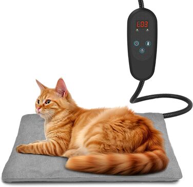 Грілка для домашніх тварин з регулятором температури, для котів та собак, 6 режимів нагріву, таймер 24 год, LED-дисплей, безпечна грілка з міцним кабелем (40x50 см, сірий)