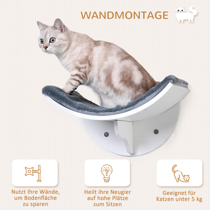 PawHut Cat Bed Настінний стильний шезлонг для кішок з плюшевою подушечкою з МДФ Легка установка в білому сірому кольорі 41x28x21см