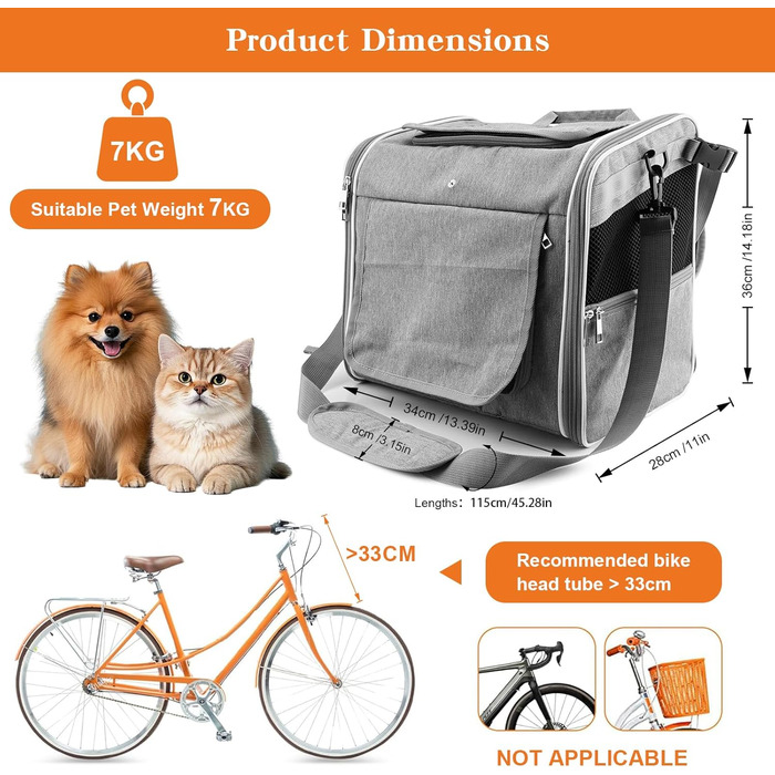 Корзина для собак на велосипед, складана 3-в-1, сіра. Підходить для малих та середніх тварин до 12 кг. З L-потриманням та 4 сітчастими віконцями.