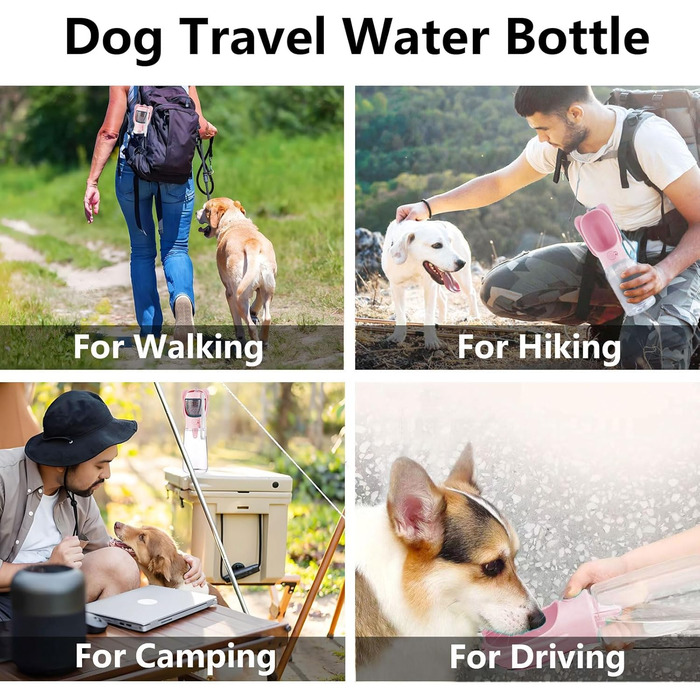 ДомКім портативна пляшка для води та корму для собак, 550 мл, рожева - для прогулянок, подорожей, цуценят