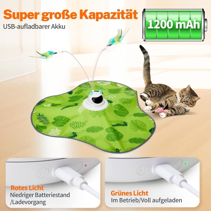 Інтерактивна іграшка для котів Toozey з 3 знімними пір'ями, електрична іграшка з автоматичним висуванням пір'я та USB-зарядкою, іграшка для самостійних ігор для котів будь-якого віку, блакитна (зелене трикутника)