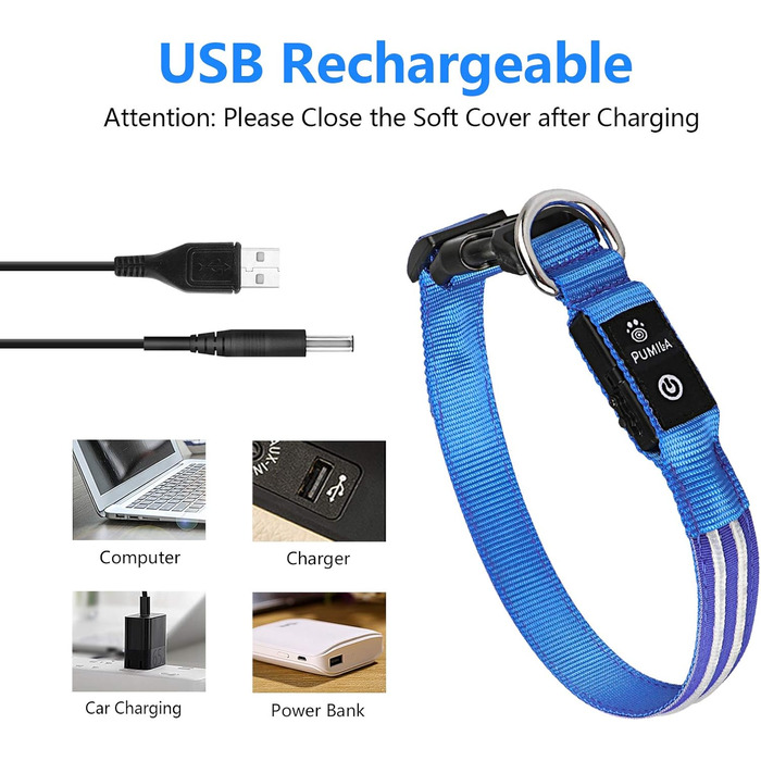 Світлодіодний нашийник для собак Leuchthalsband PcEoTllar, зарядний, 3 режими світіння, водонепроникний, регульований, для малих, середніх та великих собак, блакитний (TC5000), L (48-60 см)