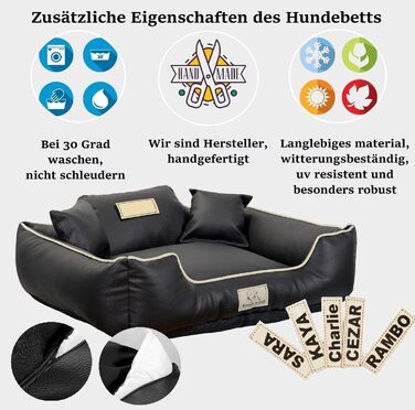 Крісло-ліжко для собак середніх порід King Dog: миється, з еко-шкіри, 75x65 см, з можливістю персоналізації (ім'я собаки), водонепроникний матеріал, силіконова наповнювач, чорний колір