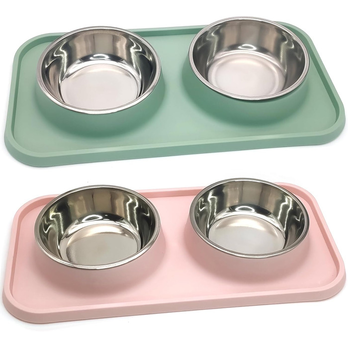 Набір мисок для собак BNOSDM: 2 шт. (рожевий + зелений), нержавіюча сталь, з антиковзною підкладкою, для корму та води, підходить для цуценят та котів