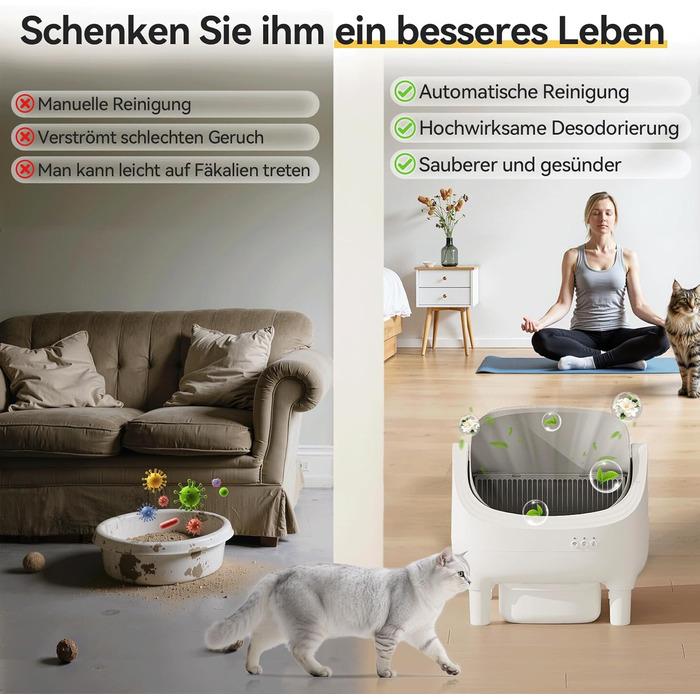 Автоматичний лоток для котів Devoko з керуванням через додаток, для котів до 15 кг, відкритий дизайн, легкий у прибиранні, великий, зручний для котів, ємність на 15 днів