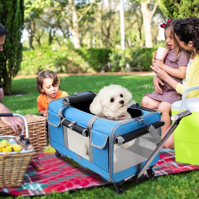 Транспортна сумка для кота PETCUTE з колесами, дихаюча переноска для 2 котів, складана переноска для собак з телескопічною ручкою, знімний килимок, ідеальна для подорожей (Блакитна)