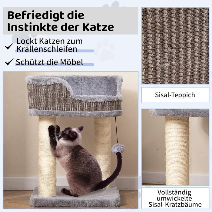 Дряпальня для котів COSTWAY, кігтеточка з плюшем, м'ячиком та сизалевими стовпчиками, дерев'яна, 38x38x51 см (сірий)