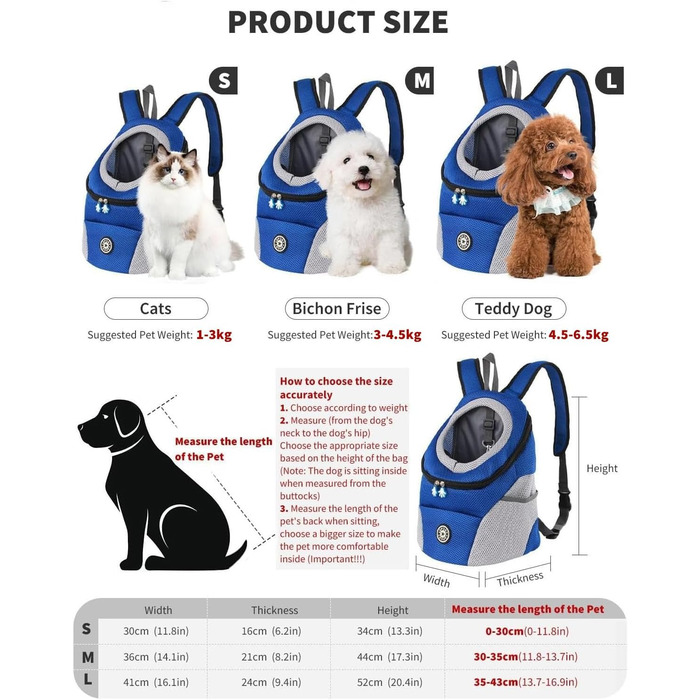 PETCUTE Рюкзак-переноска для собак і котів, блакитний, M