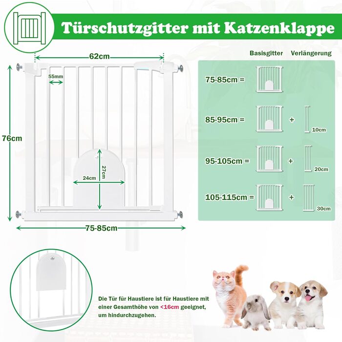 Захисні ворота для дітей та домашніх тварин SUBTLETY з дверцятами для котів, розширювані, без свердління, 85-95 см, білий
