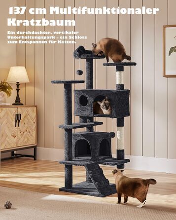 Кігтеточка-кімнатний комплекс Yaheetech 139 см, чорний, з 3 платформами, 3 стовпчиками, 2 хованками та іграшками