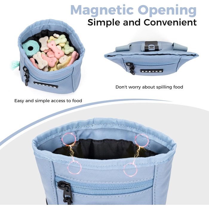 Сумка для ласощів для собак з металевим кліпом для пояса, міцна застібка-магніт, велика місткість, диспенсер для пакетів для вигулу (Світло-блакитний)