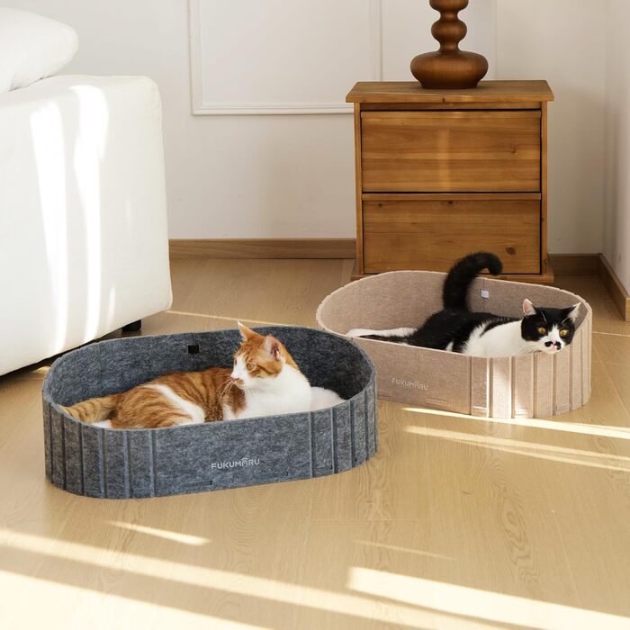 Ліжко для котів FUKUMARU, сіре овальне ліжко-диван з м'яким штучним хутром, філц, 61 см