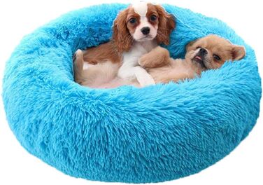 Преміум ортопедичне ліжко для собак великих та екстра-великих порід, Donut ліжко для собак, м'який плюш, кругла собача софа з водонепроникним дном, миється, діаметр 80 см, блакитний колір