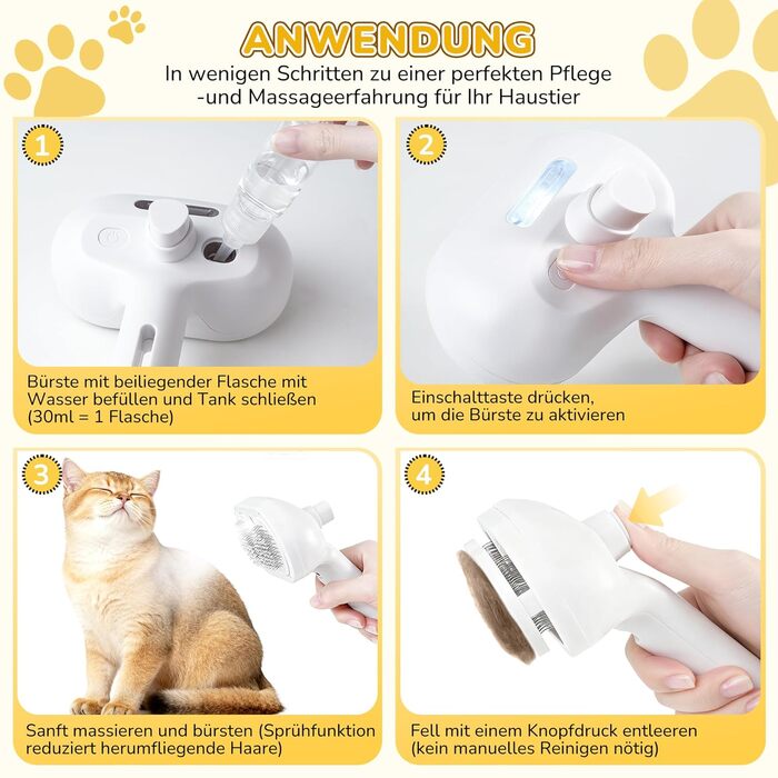 Щітка для котів з парою, для вичісування підшерстка, акумуляторна, з функцією розпилення, для котів та собак з довгою та короткою шерстю, самоочисна, масажна, біла