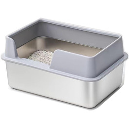 Кунву Лоток для котів з нержавіючої сталі, 50,8 x 35,6 x 20,3 см, з кришкою, легко чиститься, не вбирає запахи, напівзакритий лоток з міткою (Сірий Сантас, 50,8 x 35,6 x 20,3 см)