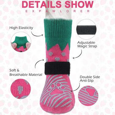 Шкарпетки для собак EXPAWLORER проти ковзання, захист лап, 6 шт. (Medium), полуниця