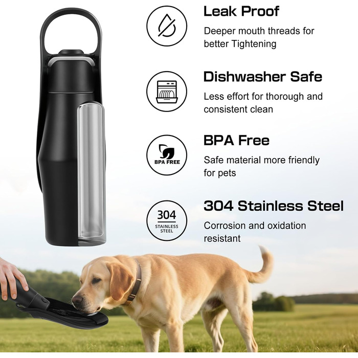 Водяна пляшка для собак на прогулянці - 750 мл, з нержавіючої сталі, подвійні стінки, вакуумна ізоляція, чорна, без витоку