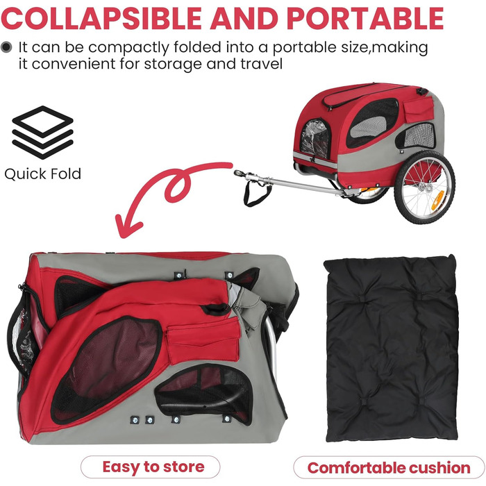 Причіп для собак до 30 кг, складний, з відбивачами, сумкою, м'яким внутрішнім простором та страхувальними ременями, червоний