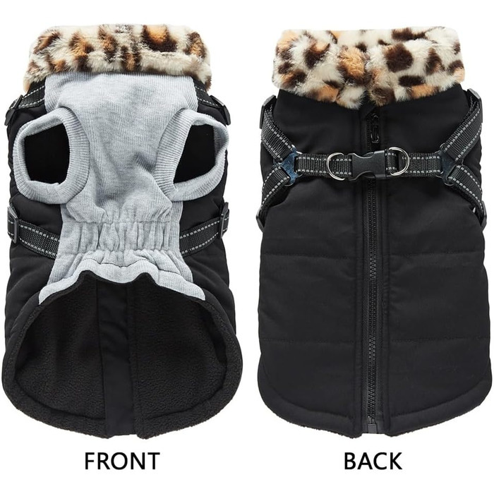 Зимова куртка для собак з інтегрованим шлейкою, водо- та вітронепроникна, теплий одяг для цуценят та собак середніх розмірів для активного відпочинку (ЧОРНИЙ, XXL)