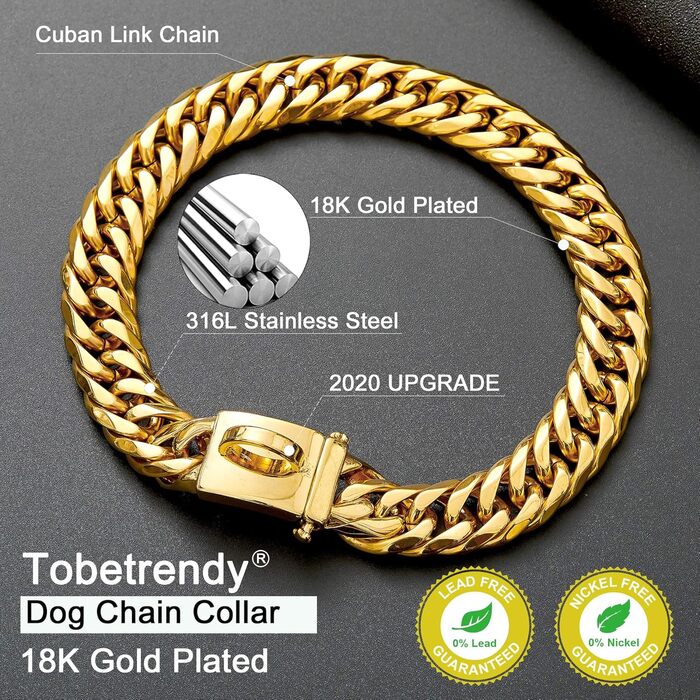 ToBeTrendy нашийник для собак золотистий, металева ланцюгова 18K кубинська плетіння, з надійною пряжкою, міцний, для середніх собак (16 мм, 35,6 см)