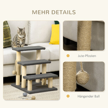 PawHut 3 сходинки Cat Stairs 48H см Сходи для домашніх тварин з тедді тканиною для маленьких кішок сірого кольору, ідеально підходять для людей похилого віку та дрібних порід