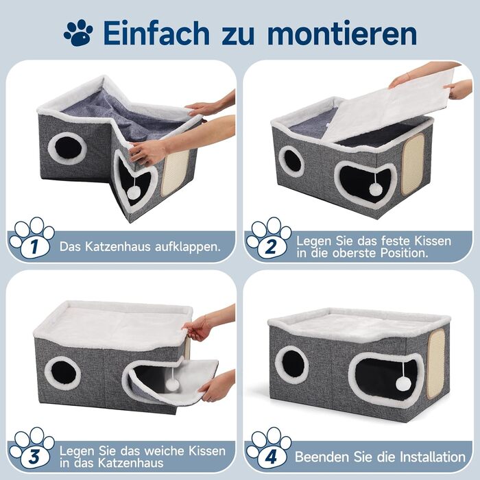 Шика Будинок-печеринка для котів, великий закритий будиночок для котів, 61T*45B*32H см, двоярусний куб для котів, XXL печеринка для котів з когтеточкою та іграшкою, будиночок-печеринка для маленьких та середніх тварин, великий, сірий