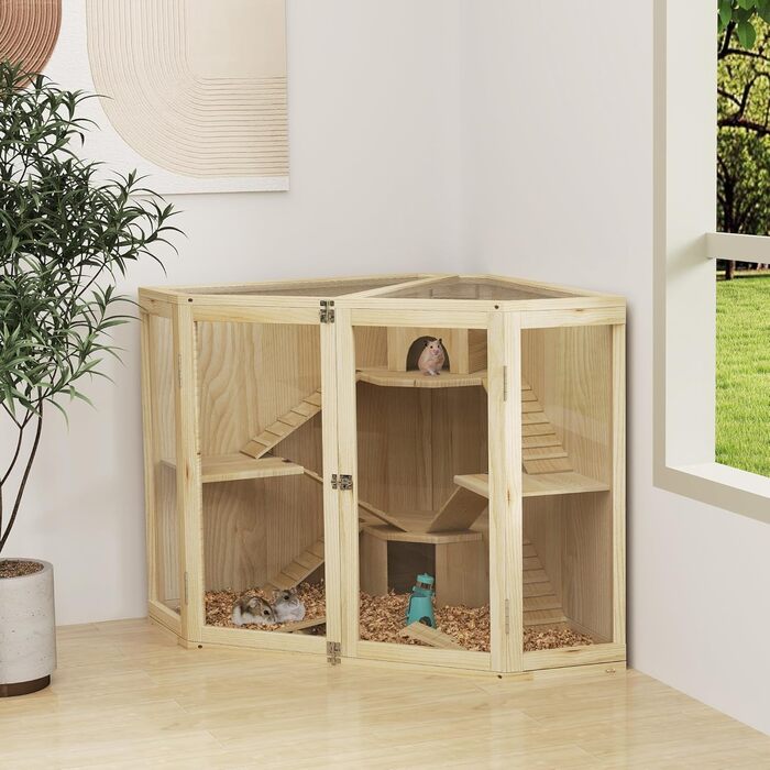 Клітка для хом'яків PawHut з дерева, 4 рівні, будиночок, гойдалка, годівниця, рампи, клітка для дрібних тварин, підходить для хом'яків та мишей, 115 x 69,5 x 79 см
