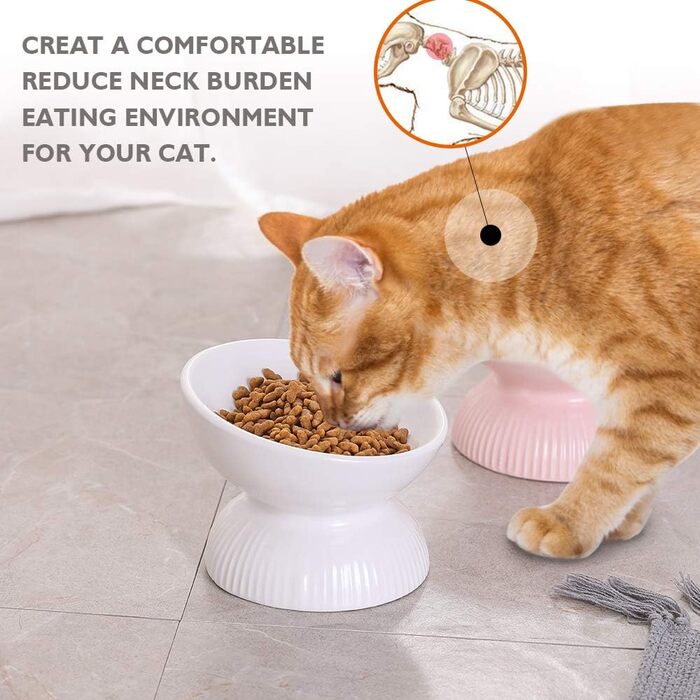 Підвищена годівниця для котів з кераміки, нахилена – проти блювоти, 280 мл, діаметр 15,5 см, білий колір
