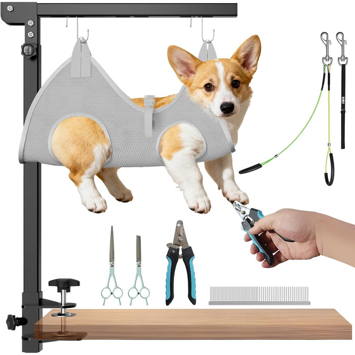 Набір для грумінгу собак з регульованою гамаком та повідком без сидіння, універсальне рішення для малих/середніх тварин (сірий)