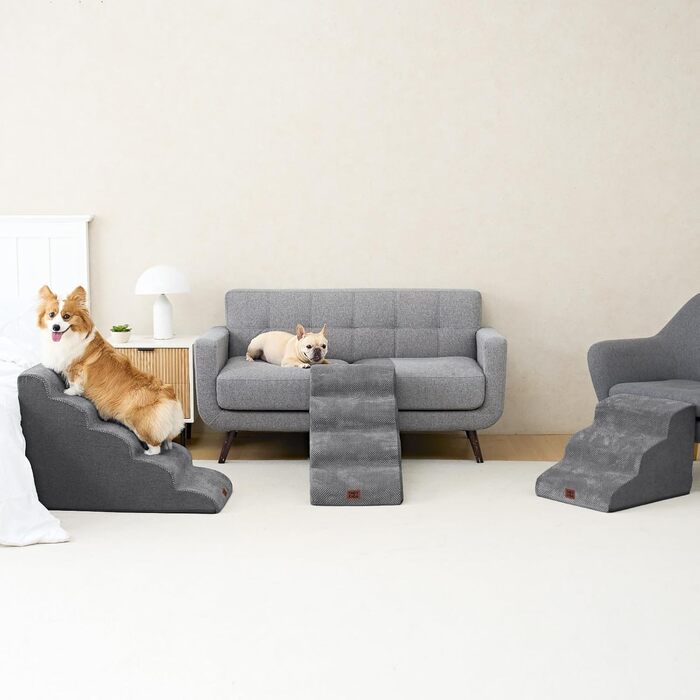 Сходинки для собак EHEYCIGA - 50 см, сірі. Зручні сходи для маленьких собак до дивану/ліжка. 4 сходи, матеріал - високощільний губчастий, з антиковзким покриттям та знімним чохлом. Розміри: 72 x 40 x 50 см.
