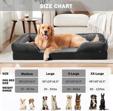 Ортопедичне ліжко для собак великих порід, водонепроникне, знімний чохол, чорний колір, розмір L (35'x 25'x 6.5')