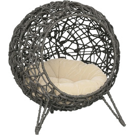 Павучий дім для котів PawHut з ротангу з подушкою, котячий будиночок, котяча печера з піднятими ніжками, сріблясто-сірий, Ø52 x 58 см