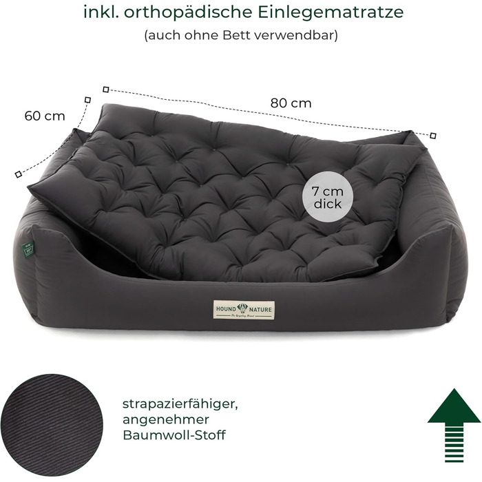 Ортопедичне собаче ліжко HOUND & NATURE Zermatt, корзина для великих собак з високим бортиком, м'яке собаче ліжко з подушкою, яку можна прати (L - 105x75 см, сірий)