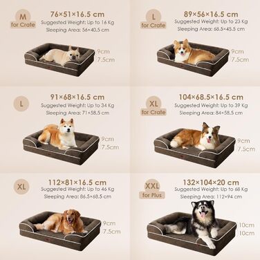 Ортопедичне ліжко для собак великих порід, 104x69 см, з піною з пам'яті, кошик для собак середніх порід, миється, водонепроникне, з неслизьким покриттям, диванчик для собак з високим бортиком, коричневий, розмір L 104 x 68.5 x 17 см