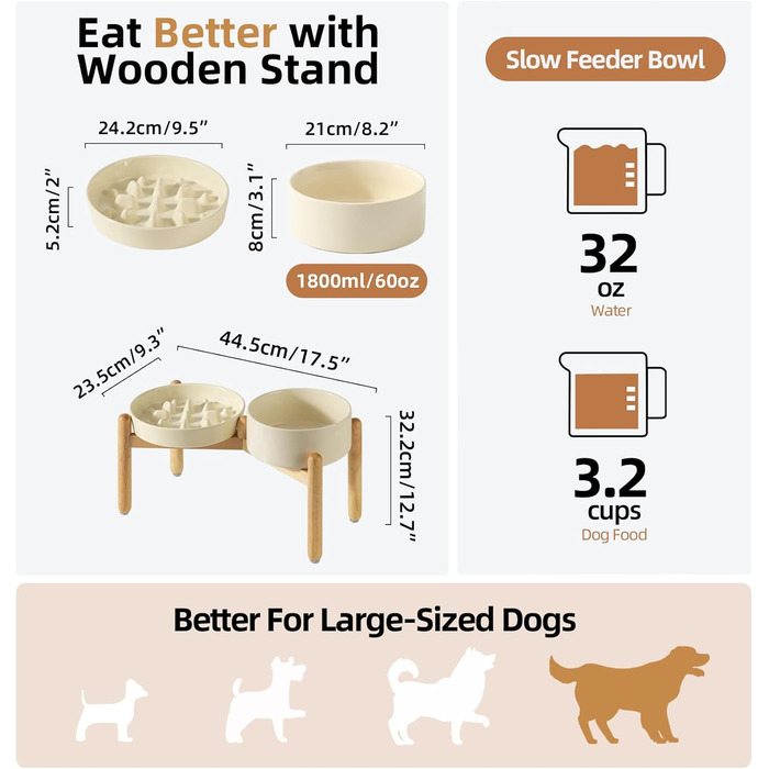 Підвищена годівниця для собак та котів Havniva з кераміки, для повільного годування, 13 см та 15,5 см, з дерев'яною підставкою, 2 шт. світло-зелені + підставка, 9.5 дюймів