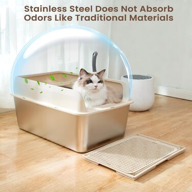 PET MARVEL туалет для котів із нержавіючої сталі, закритий, великий, з кришкою, високі борти, проти протікання, не прилипає, металевий лоток для котів