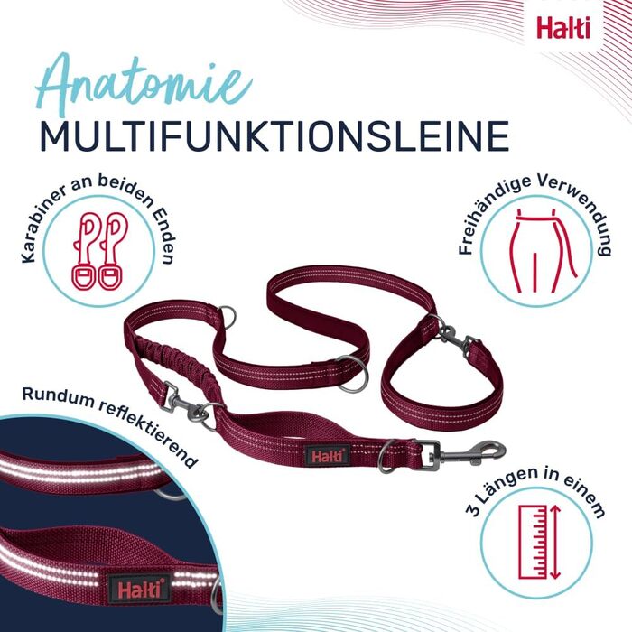 Повідок для собак HALTI Anatomy мультифункціональний, з двома карабінами та амортизатором, світловідбивний, легкий, для вигулу та дресирування, для цуценят, розмір S, магента