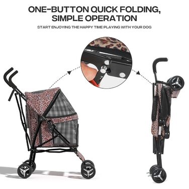 Візок для собак маленьких порід, 4,5-10 кг, візок для цуценят, візок для середніх собак, візок для котів, візок для 2 котів, з багажником, леопардовий принт