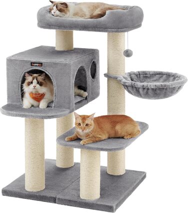 Драбина для котів Feandrea XXL: міцна, з 6 товстими стовпчиками, платформа, будиночок, кошик, сіра