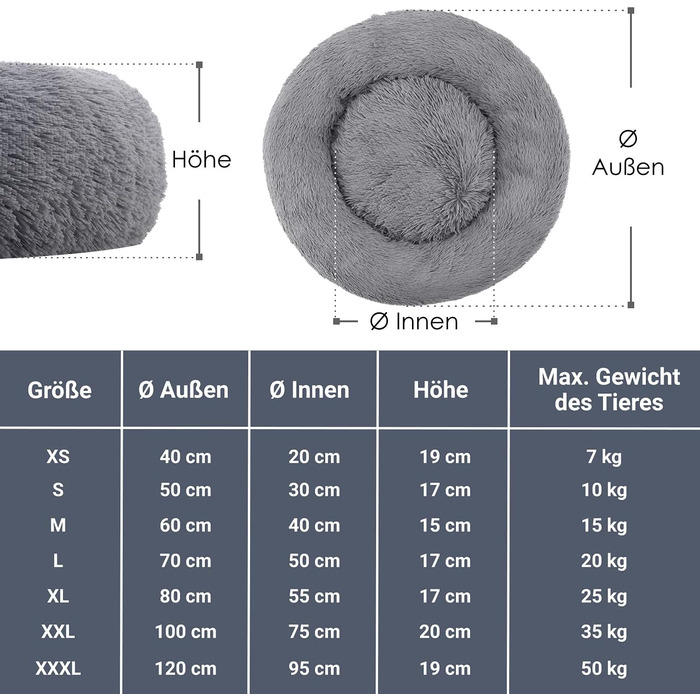 Кругле лежанка для собак та котів Juskys Monty 3XL, 120 см, сірий колір, м'яка, антиковзаюча, знімний чохол