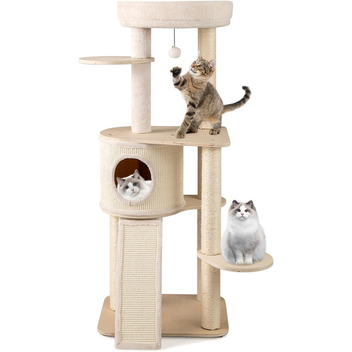 Дерев'яний котячий комплекс COSTWAY 143 см з когтеточкою, платформою, сходами та іграшкою. Активний комплекс для котів з печерею та сизалевими стовпчиками.