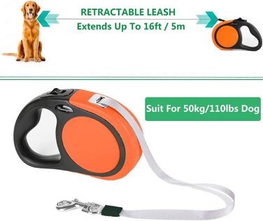 Висувна собача повідка для малих порід (до 50 кг) – подвійний колір, 4.8 м, з мішками для екскрементів, відбиваюче тросик, управління ключем, 360°, оранжево-червоний візерунок 